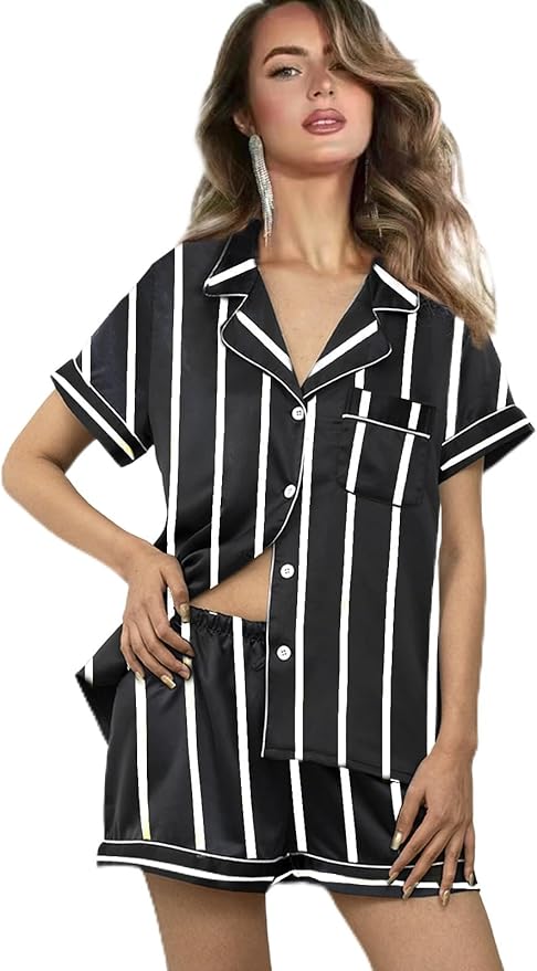 WJing Yi Jia Womens 3Pcs Satin Pajamas Set Floral Silk Pajama Sets Stripe Lounge Set Silky Sleepwear XS-2XL Pjs Long Scarves