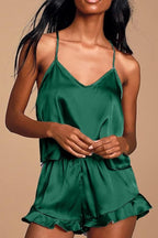 CHYRII Women's Sexy Silk Satin Ruffled Pajamas Sets Cami Shorts Sets Sleepwear