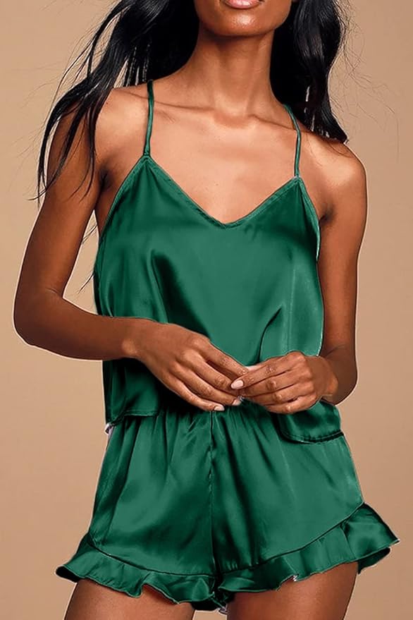CHYRII Women's Sexy Silk Satin Ruffled Pajamas Sets Cami Shorts Sets Sleepwear