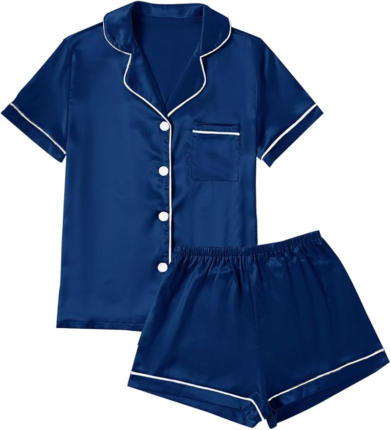 LYANER Women's Silky Satin Pajamas Set Short Sleeve Button Down Shirt With Shorts Pjs Set Sleepwear