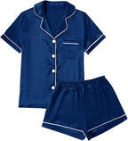 LYANER Women's Silky Satin Pajamas Set Short Sleeve Button Down Shirt With Shorts Pjs Set Sleepwear