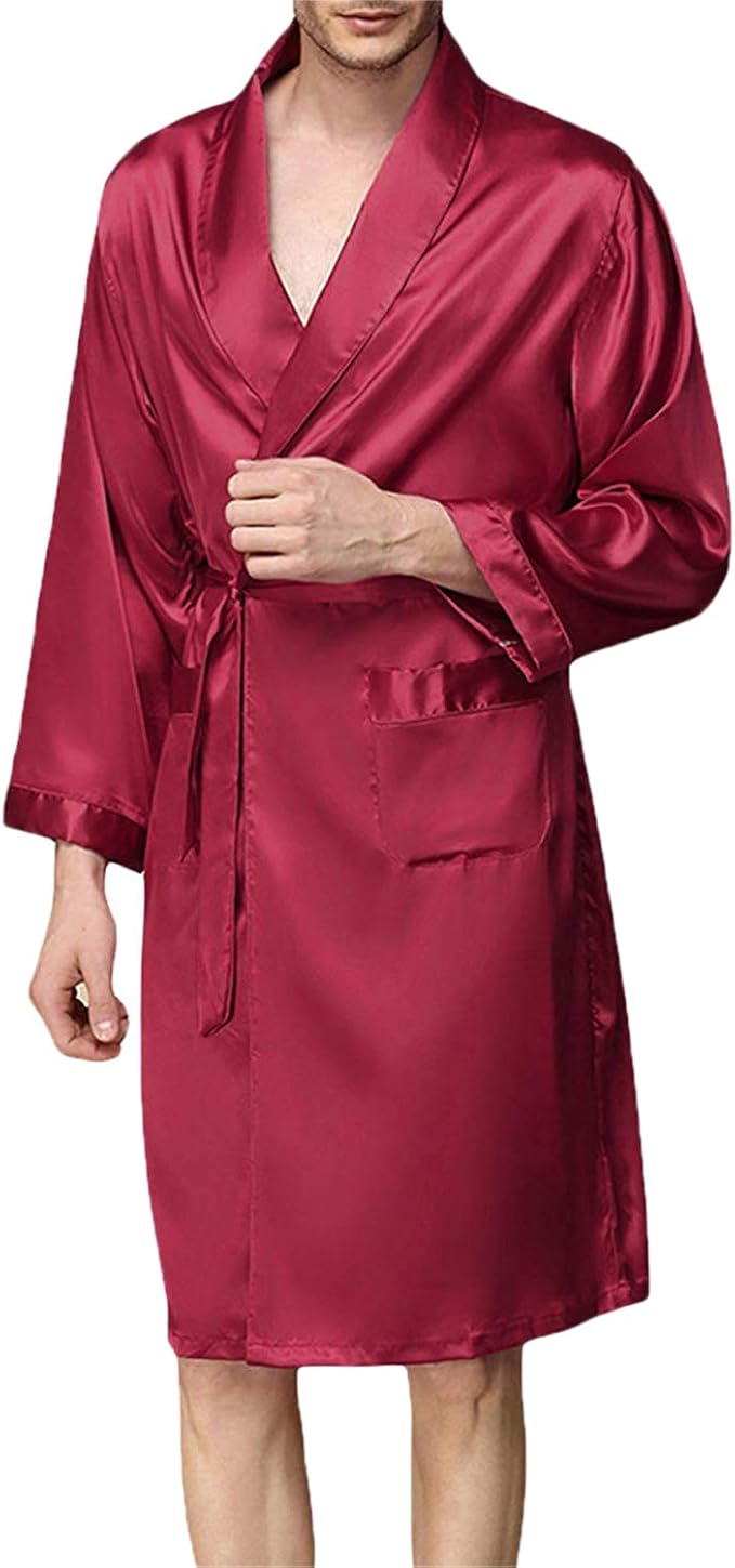 Mens Satin Robe,Silk Long Sleeve House Kimono Bathrobe,Soft Loungewear Dragon Robe