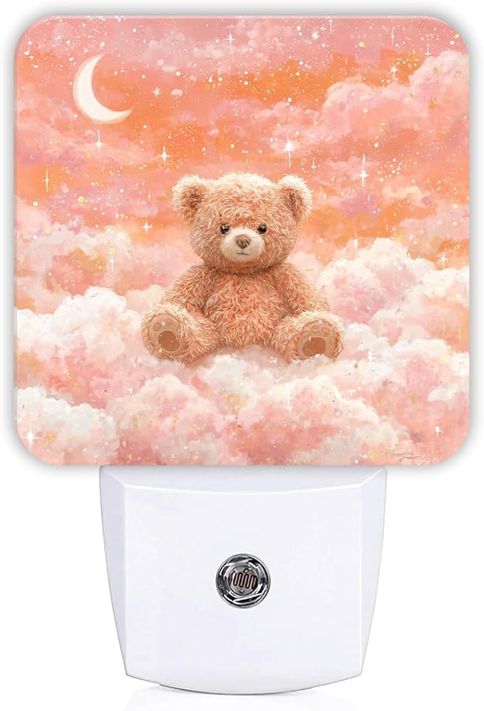 Bear Night Lights Plug Into Wall, Cute Fanciful Moon Clouds Winter Peach Energy Saving Automatic Led Night Lights for Guest Room Basement Office Decor 1pcs