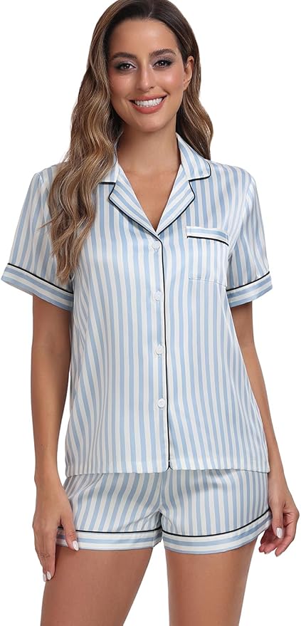 Serenedelicacy Women's Satin Pajama Set 2-Piece Sleepwear Loungewear Button Down Short Sleeve Silky PJ Set