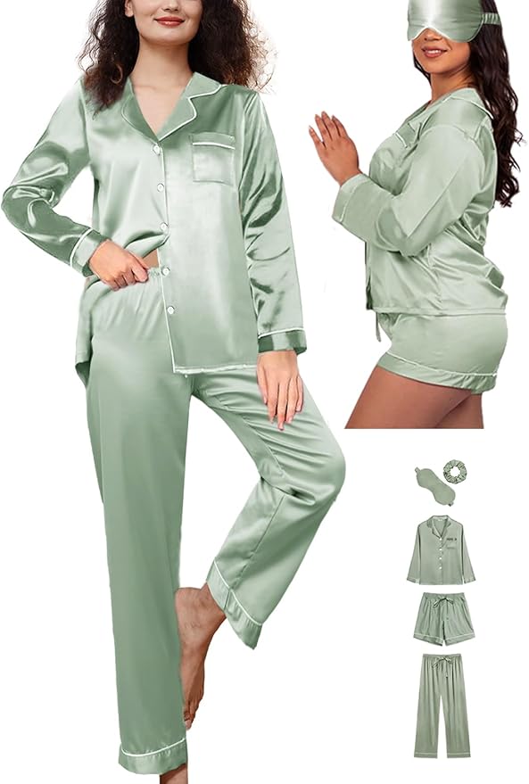 WJing Yi Jia 5Pcs XS-XXL Womens Silk Satin Pajamas Sets Long Pj Sets Button Down Pjs Set Loungewear Sleepwear