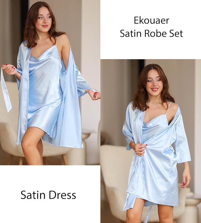 Ekouaer Women's Satin Robe Set Nightgown with Robes Silk Pajama Set 2 Pieces Lingerie Cowl Neck Cami Sleepwear Sets