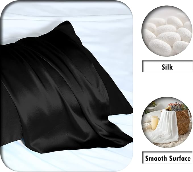Silk Pillow Cases 2 Pack,Soft Breathable and Sliky Standard Size Pillow Cases Set of 2,Natural Mulberry Silk Pillowcase Set of 2 for Hair and Skin with Hidden Zipper (Black,20"X 26",2pcs)