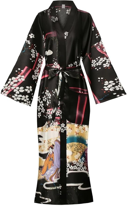 Valennia Women Long Silky Bathrobe Satin Kimono Robe Floral Printed Dressing Gown Sleepwear