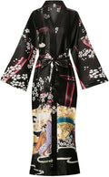 Valennia Women Long Silky Bathrobe Satin Kimono Robe Floral Printed Dressing Gown Sleepwear