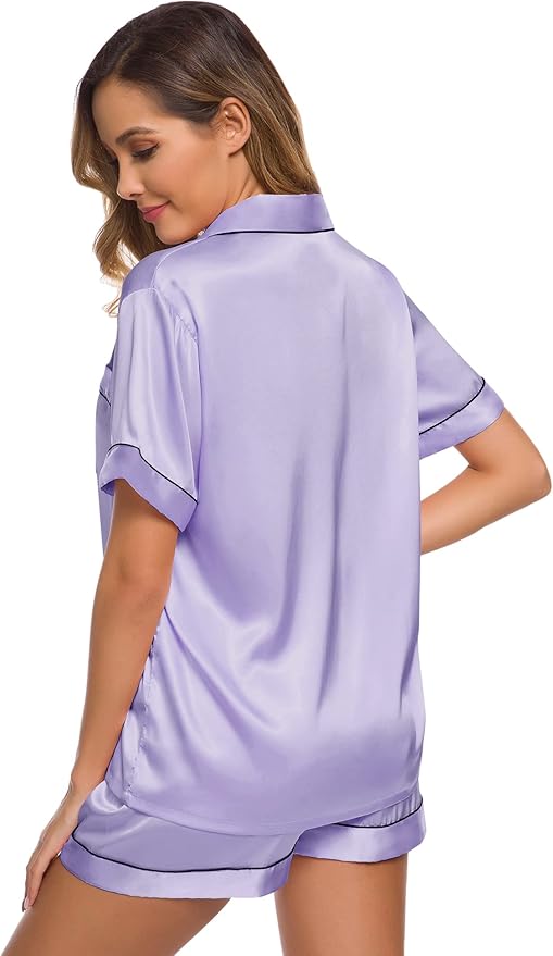 SWOMOG Womens Silk Satin Pajamas Set Short Sleeve Sleepwear Button Down Top and Shorts Loungewear 2 Piece Pjs Set XS-3XL