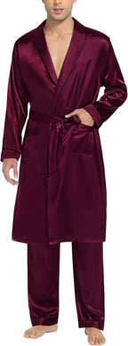 SWOMOG Men's Satin Robe Silky Kimono Bathrobe with Shorts Set Lightweight Soft Loungewear Nightwear