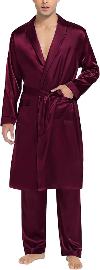 SWOMOG Men's Satin Robe Silky Kimono Bathrobe with Shorts Set Lightweight Soft Loungewear Nightwear