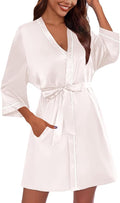 Ekouaer Women's Satin Robe Short Bridesmaid Bride Feather Bridal Robe Kimono Silky Long Sleeve Bathrobe S-XXL