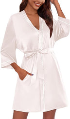 Ekouaer Women's Satin Robe Short Bridesmaid Bride Feather Bridal Robe Kimono Silky Long Sleeve Bathrobe S-XXL