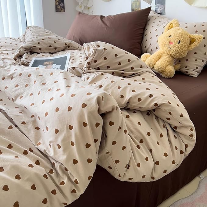 Nayoroom Brown Heart Duvet Cover King Size Vintage Hearts Printed on Taupe Duvet Cover Kids Girls 3 Pieces Soft Microfiber Farmhouse Bedding Set with Zipper Closure