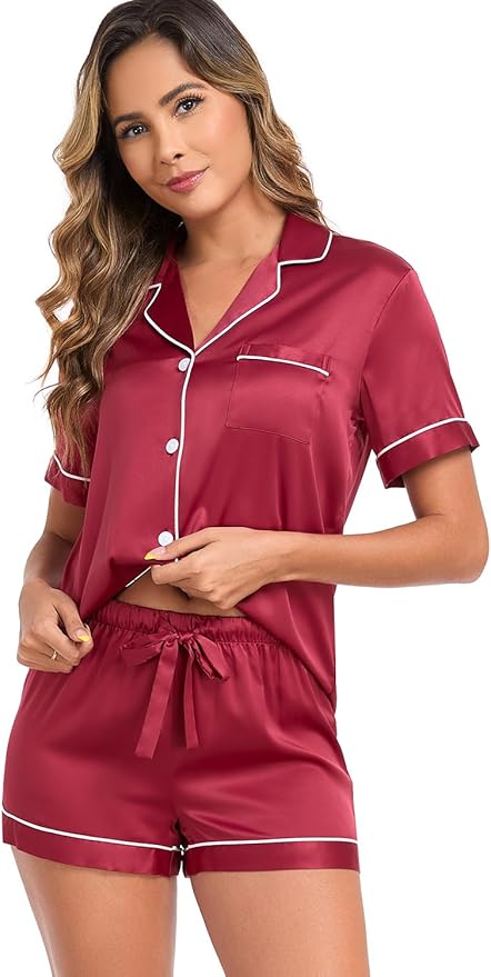 Serenedelicacy Women's Satin Pajama Set 2-Piece Sleepwear Loungewear Button Down Short Sleeve Silky PJ Set