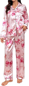 WDIRARA Women's 2 Piece Bowknot Print Satin Pajama Set Long Sleeve Button Down Lounge Pants Sleepwear Sets