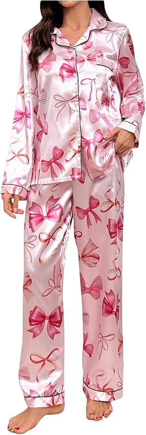 WDIRARA Women's 2 Piece Bowknot Print Satin Pajama Set Long Sleeve Button Down Lounge Pants Sleepwear Sets