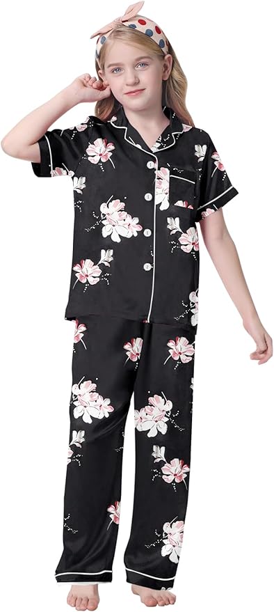Umeyda Girls Womens Pajamas Set, Satin Silky Button Down Loungewear 2 Piece Short Sleeve Pants PJS Sets for Mommy Kids