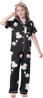 Umeyda Girls Womens Pajamas Set, Satin Silky Button Down Loungewear 2 Piece Short Sleeve Pants PJS Sets for Mommy Kids