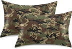 Green Army Camo Satin Pillowcase for Hair and Skin, Army Camouflage Military Silk Pillow Case with Envelope Closure, Standard Size 20x26 inches, 1 PC