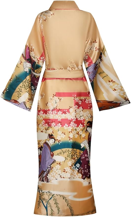 Valennia Women Long Silky Bathrobe Satin Kimono Robe Floral Printed Dressing Gown Sleepwear