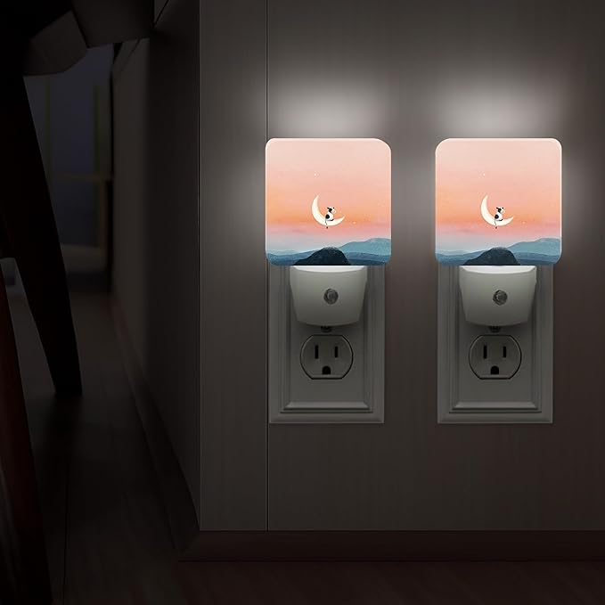 Cow Night Lights Plug Into Wall, Fanciful Playful Moon Mountain None Peach Plug in Night Light with Dusk to Dawn Sensor for Guest Room Basement Office Decor 2pcs