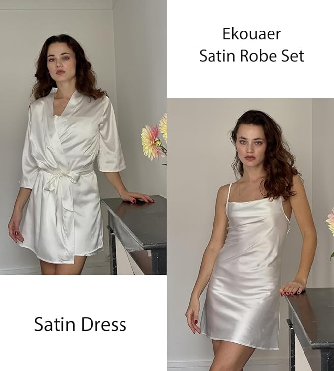 Ekouaer Women's Satin Robe Set Nightgown with Robes Silk Pajama Set 2 Pieces Lingerie Cowl Neck Cami Sleepwear Sets