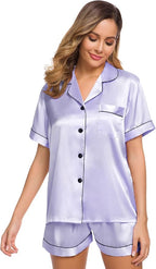 SWOMOG Womens Silk Satin Pajamas Set Short Sleeve Sleepwear Button Down Top and Shorts Loungewear 2 Piece Pjs Set XS-3XL