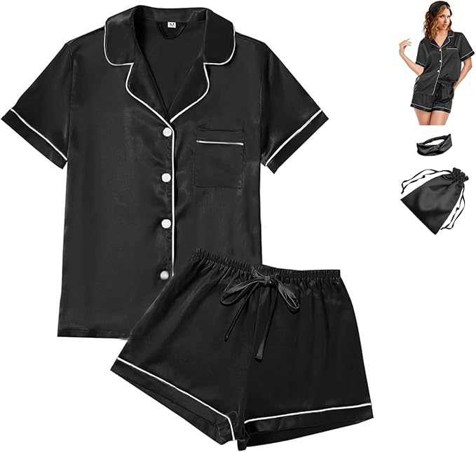 WJing Yi Jia 4Pcs Womens Satin Silky Pajama Sets Short Sleeve Shirt XS-4XL Floral Pajamas Set Soft PJ Loungewear Sleepwear
