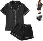 WJing Yi Jia 4Pcs Womens Satin Silky Pajama Sets Short Sleeve Shirt XS-4XL Floral Pajamas Set Soft PJ Loungewear Sleepwear