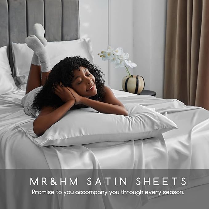 MR&HM Satin Bed Sheets, King Size Sheets Set, 4 Pcs Silky Bedding Set with 15 Inches Deep Pocket for Mattress (King, Silver Grey)