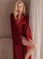 Women Sexy Satin Lace Robe,Long Sleeve Silk Bathrobe with Belt Soft Lightweight Full Length Sleepwear