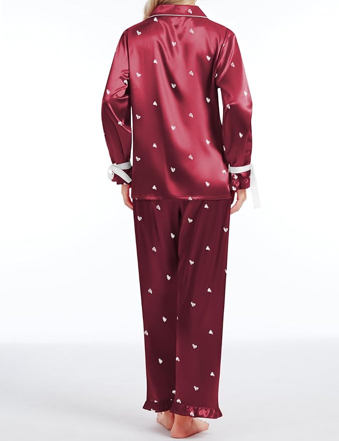 SWOMOG Womens Silk Satin Pajamas Set Long Sleeve Button Down Sleepwear 2 Piece Lounge Set Pj Set XS-3XL