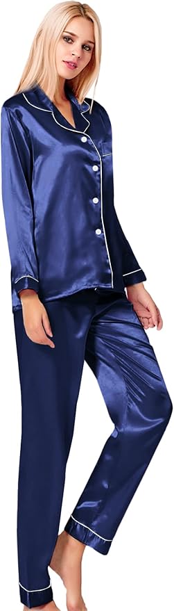 SWOMOG Womens Silk Satin Pajamas Set Long Sleeve Button Down Sleepwear 2 Piece Lounge Set Pj Set XS-3XL