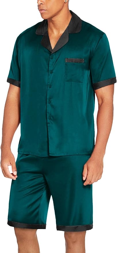 Ekouaer Men Satin Silk Pajamas Set with Pockets Sleepwear Shorts Satin Summer Loungewear 2 Piece Button Down Set S-3XL