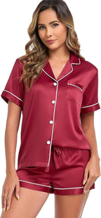 Serenedelicacy Women's Satin Pajama Set 2-Piece Sleepwear Loungewear Button Down Short Sleeve Silky PJ Set