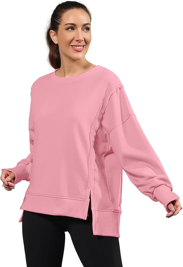 Nirovien Womens Oversized Crewneck Sweatshirt Side Slit Long Sleeve Pullover Slouchy Fit Tops