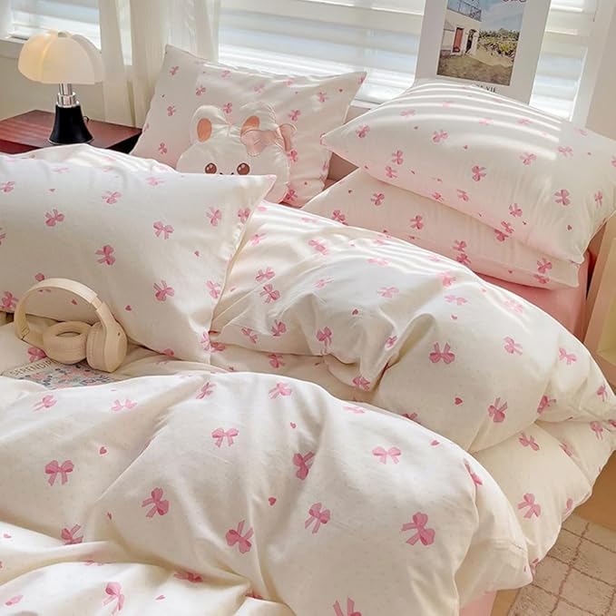 Nayoroom Pink Bow Duvet Cover Queen Size Heart Bows Printed Coquette Bedding Set 3 Pcs Kids Girls Cute Comforter Cover with Zipper Closure Soft Breathable Microfiber