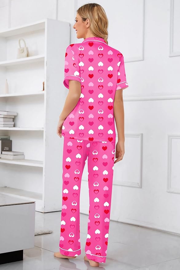 Umeyda Girls Womens Pajamas Set, Satin Silky Button Down Loungewear 2 Piece Short Sleeve Pants PJS Sets for Mommy Kids