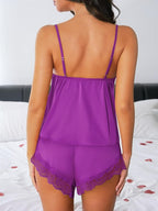 Kolagri Sexy Satin Pajama Set for Women Lace Lingerie Bow Ties Slip Sleepwear Cami Shorts Set Nightwear S-XXL