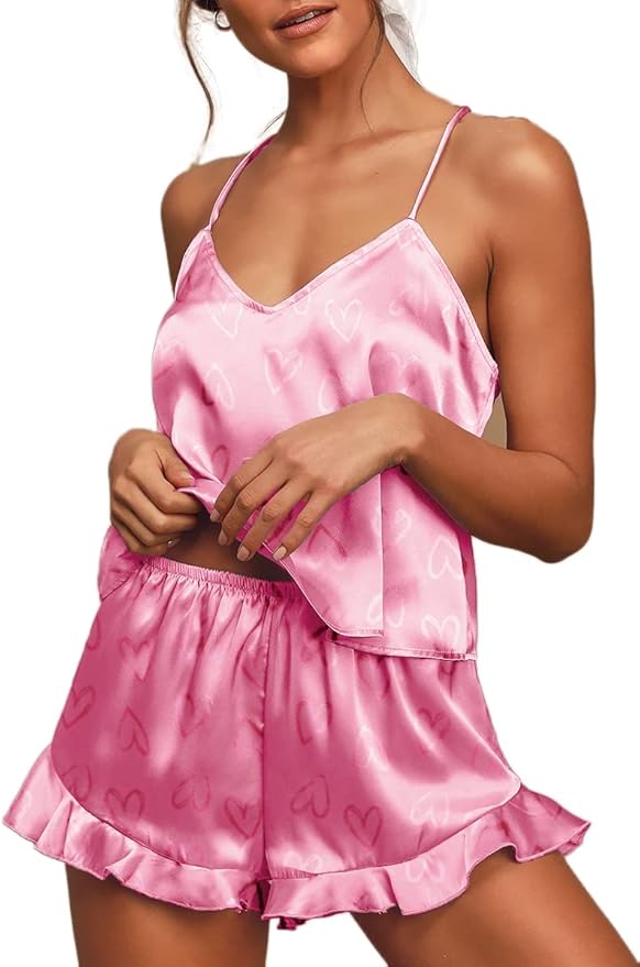 CHYRII Women's Sexy Silk Satin Ruffled Pajamas Sets Cami Shorts Sets Sleepwear