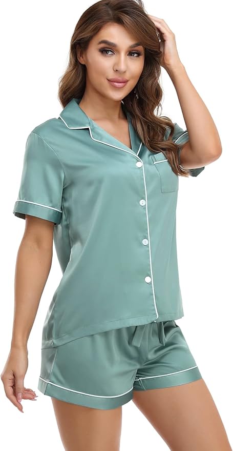 Serenedelicacy Women's Satin Pajama Set 2-Piece Sleepwear Loungewear Button Down Short Sleeve Silky PJ Set