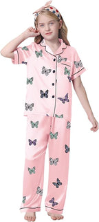 Umeyda Girls Womens Pajamas Set, Satin Silky Button Down Loungewear 2 Piece Short Sleeve Pants PJS Sets for Mommy Kids