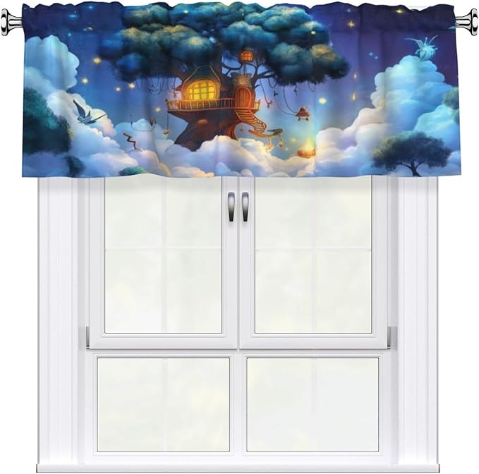 Whimsical Treehouse in Dreamy Night Sky Curtain Valance Peach Skin Velvet Printed Window Valance with Rod Pocket Light Filtering for Kitchen Bathroom 54x18in