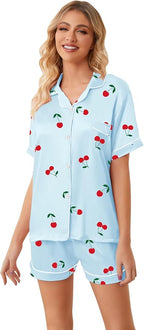 Umeyda Women & Girls Pajamas Set, Soft Satin Lightweight Silk Button-Down Top with Shorts 2 Piece PJS for Mom Boys Kids Gifts