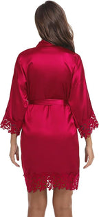 Womens Short Satin Robe Lace Trim Silk Kimono Sleepwear Bridesmaid Robes for Bride Wedding Party Nightgown