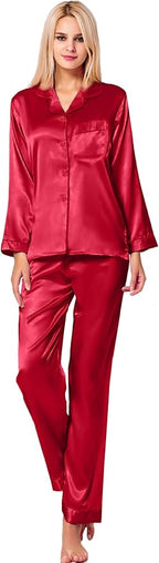 SWOMOG Womens Silk Satin Pajamas Set Long Sleeve Button Down Sleepwear 2 Piece Lounge Set Pj Set XS-3XL