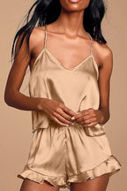 CHYRII Women's Sexy Silk Satin Ruffled Pajamas Sets Cami Shorts Sets Sleepwear