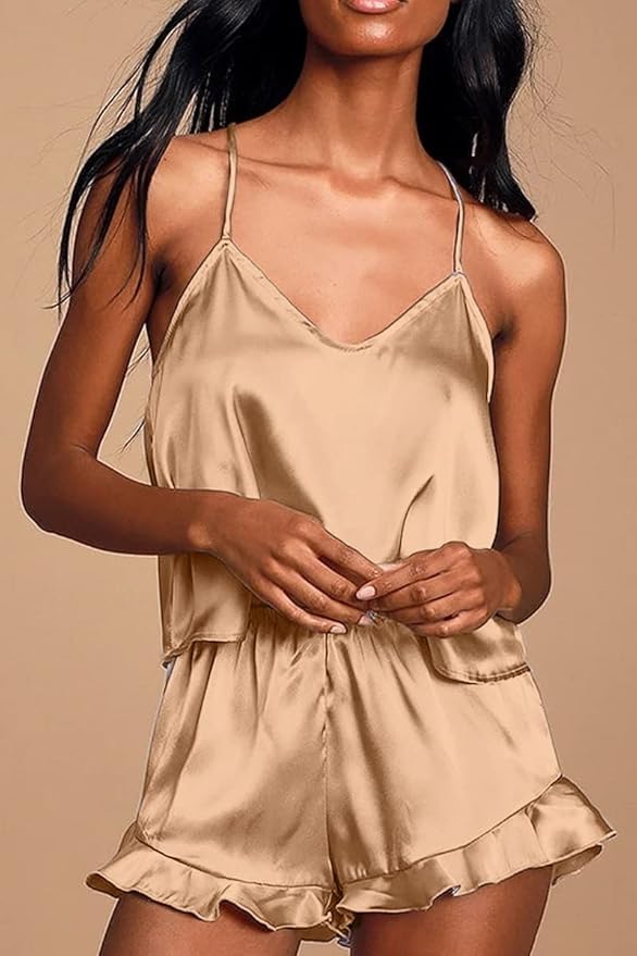 CHYRII Women's Sexy Silk Satin Ruffled Pajamas Sets Cami Shorts Sets Sleepwear